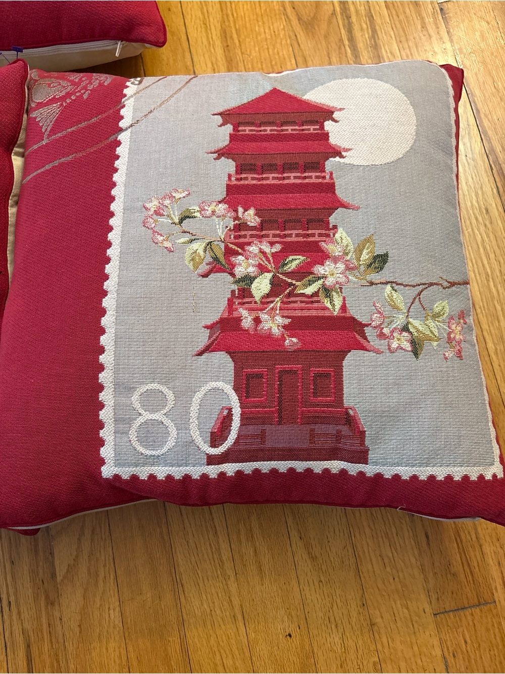 Iosis Paris red and gray pillows with red pagoda and cherry blossom design #pari